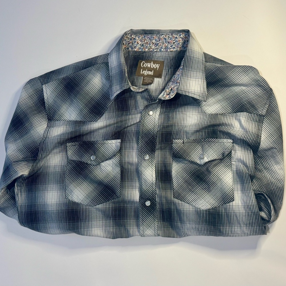 Cowboy Legend Western Snap Shirt XL Blue‎ Plaid Long Sleeve Pearl Snaps